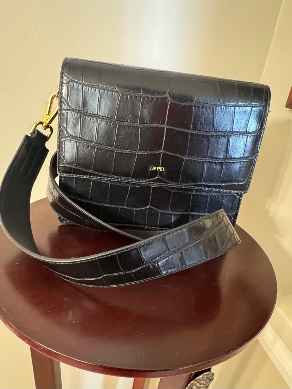 JW PEI Black Croc-Embossed Crossbody with Gold Hardware